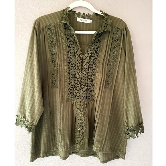 PAPOSON Olive Green Lace Trimmed Embroidered Boho Blouse Shirt Women's‎ Size S - Picture 2 of 5